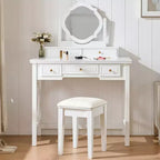 Tavolo Trucco Hailey con Specchio Reversibile, Sgabello in Ecopelle e 5 Cassetti