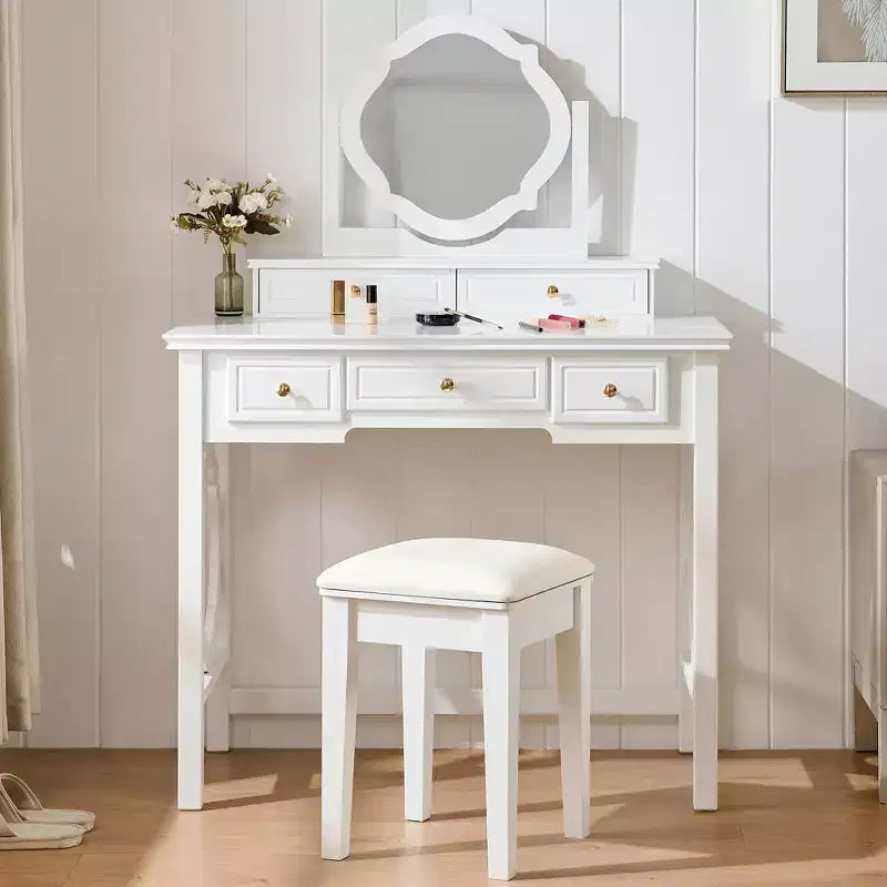 Tavolo Trucco Hailey con Specchio Reversibile, Sgabello in Ecopelle e 5 Cassetti