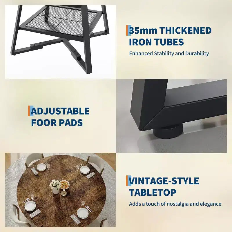 Tavolo da pranzo rotondo per 4 persone, tavolo da cucina da 42 pollici con ripiano portaoggetti, design rustico in legno e metallo, tavolo da pranzo per famiglia per 4-6 persone