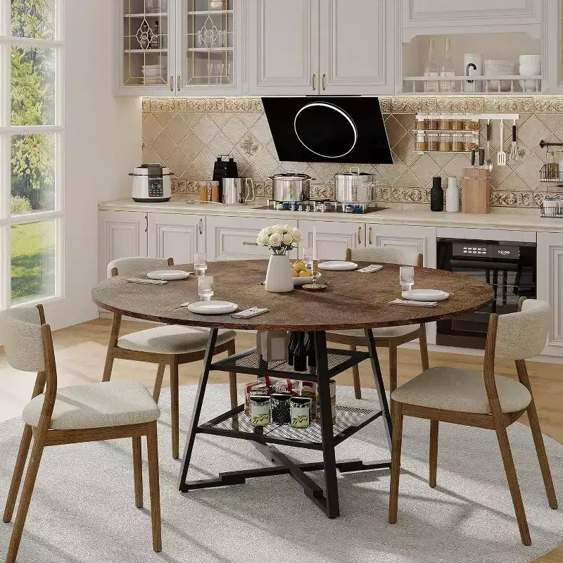Tavolo da pranzo rotondo per 4 persone, tavolo da cucina da 42 pollici con ripiano portaoggetti, design rustico in legno e metallo, tavolo da pranzo per famiglia per 4-6 persone
