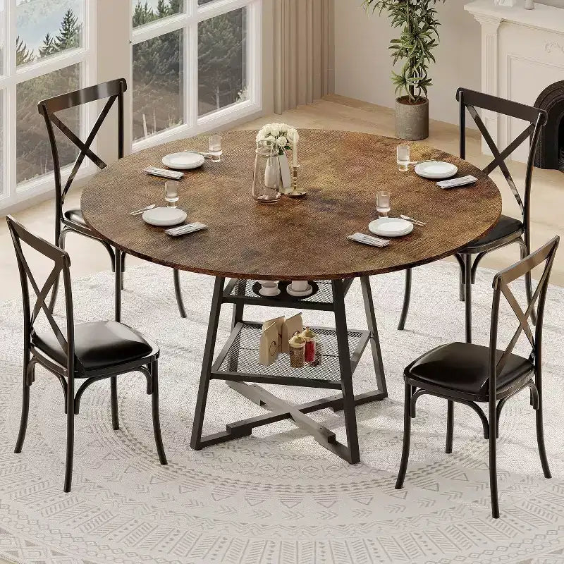 Tavolo da pranzo rotondo per 4 persone, tavolo da cucina da 42 pollici con ripiano portaoggetti, design rustico in legno e metallo, tavolo da pranzo per famiglia per 4-6 persone