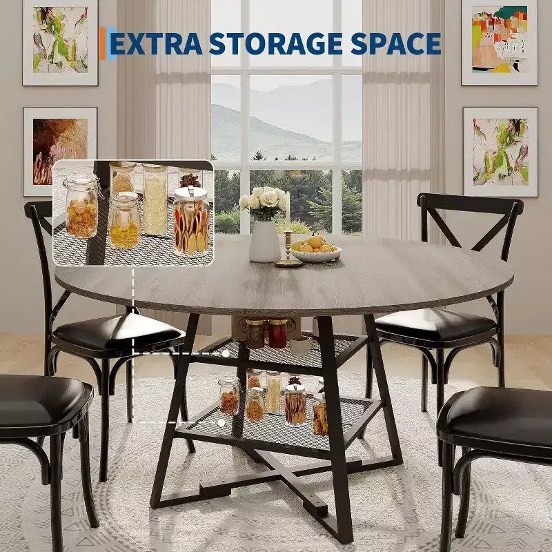 Tavolo da pranzo rotondo per 4 persone, tavolo da cucina da 42 pollici con ripiano portaoggetti, design rustico in legno e metallo, tavolo da pranzo per famiglia per 4-6 persone