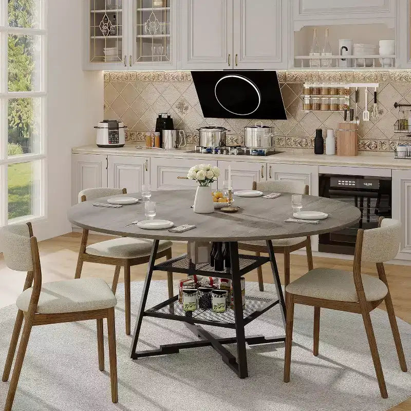 Tavolo da pranzo rotondo per 4 persone, tavolo da cucina da 42 pollici con ripiano portaoggetti, design rustico in legno e metallo, tavolo da pranzo per famiglia per 4-6 persone