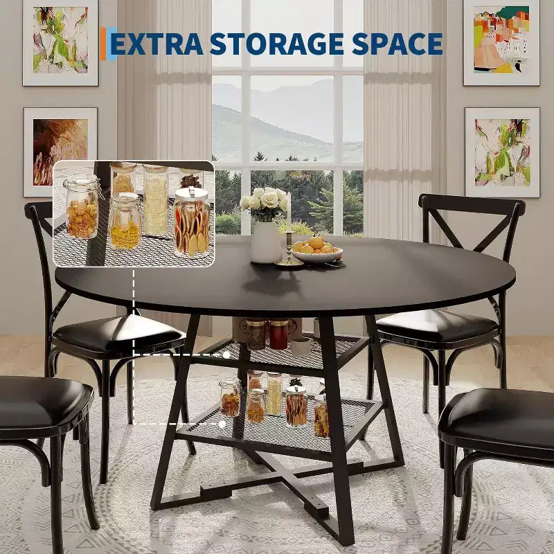 Tavolo da pranzo rotondo per 4 persone, tavolo da cucina da 42 pollici con ripiano portaoggetti, design rustico in legno e metallo, tavolo da pranzo per famiglia per 4-6 persone