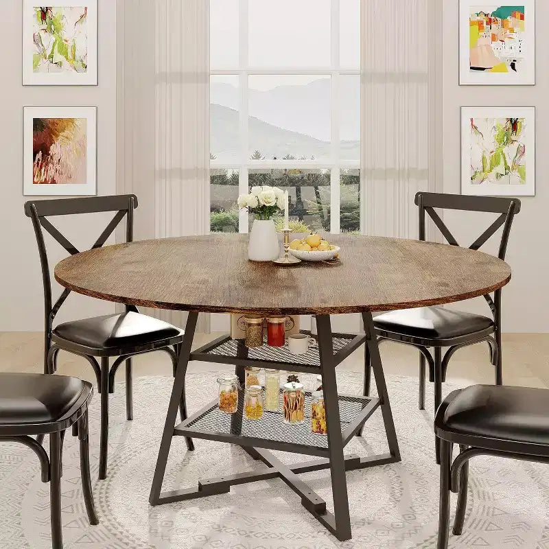 Tavolo da pranzo rotondo per 4 persone, tavolo da cucina da 42 pollici con ripiano portaoggetti, design rustico in legno e metallo, tavolo da pranzo per famiglia per 4-6 persone