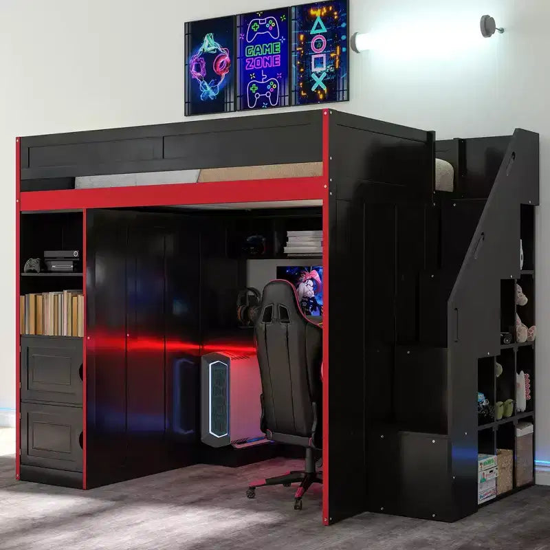 Letto a soppalco Barnes Gaming con scrivania e contenitore, luci a LED