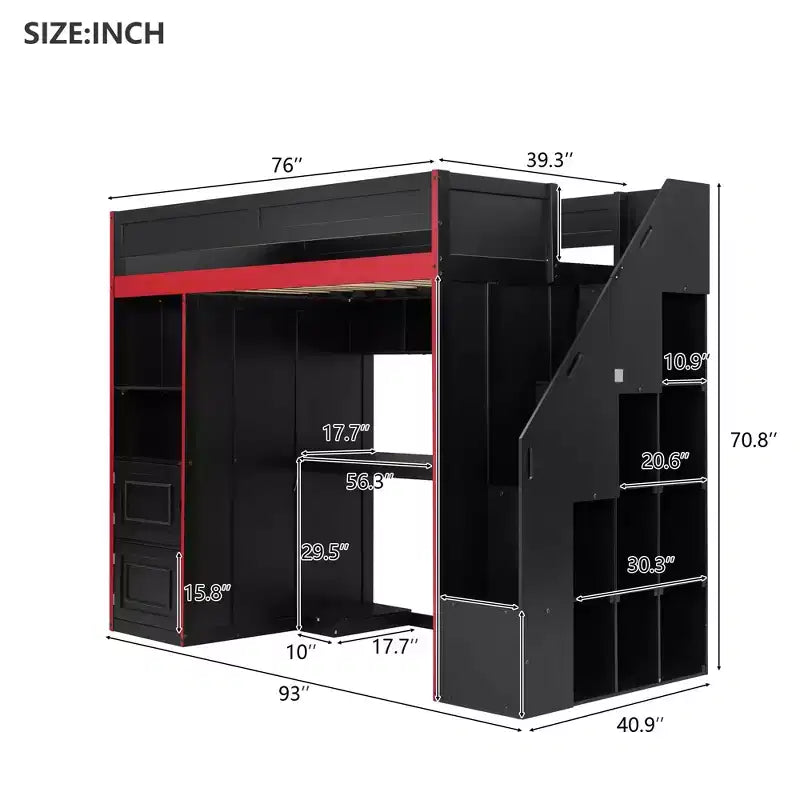 Letto a soppalco Barnes Gaming con scrivania e contenitore, luci a LED