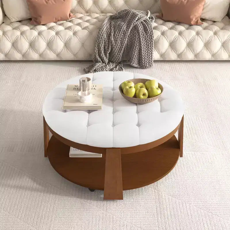Tavolino da caffè rotondo con pouf, grande tavolino da caffè imbottito a 2 livelli con bottoni e rotelle, pouf poggiapiedi in tessuto impermeabile per soggiorno