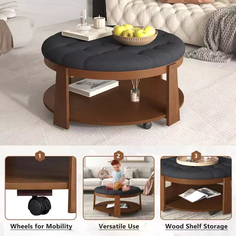 Tavolino da caffè rotondo con pouf, grande tavolino da caffè imbottito a 2 livelli con bottoni e rotelle, pouf poggiapiedi in tessuto impermeabile per soggiorno