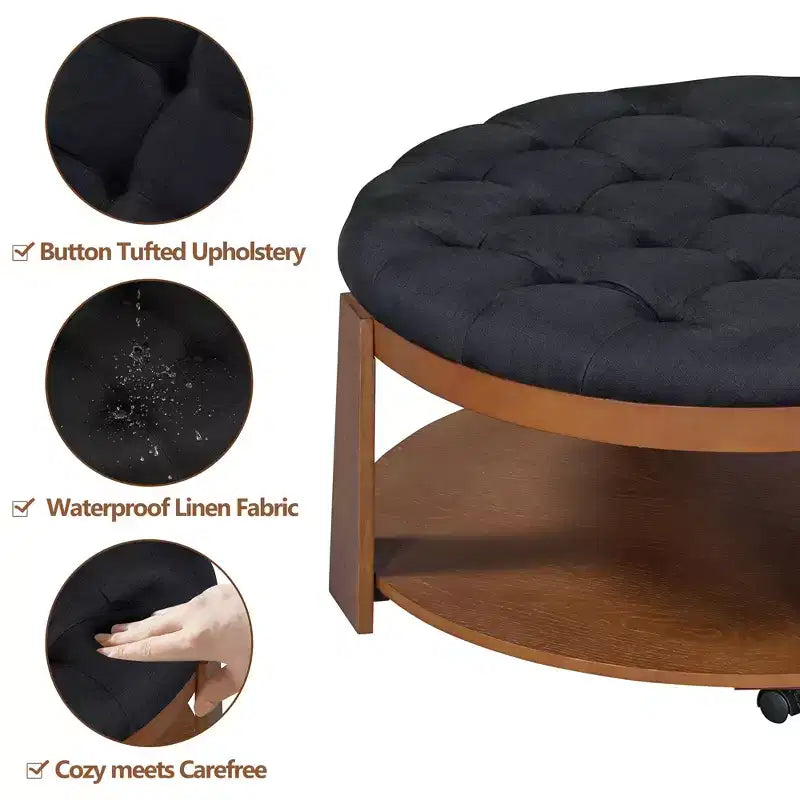 Tavolino da caffè rotondo con pouf, grande tavolino da caffè imbottito a 2 livelli con bottoni e rotelle, pouf poggiapiedi in tessuto impermeabile per soggiorno