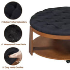 Tavolino da caffè rotondo con pouf, grande tavolino da caffè imbottito a 2 livelli con bottoni e rotelle, pouf poggiapiedi in tessuto impermeabile per soggiorno