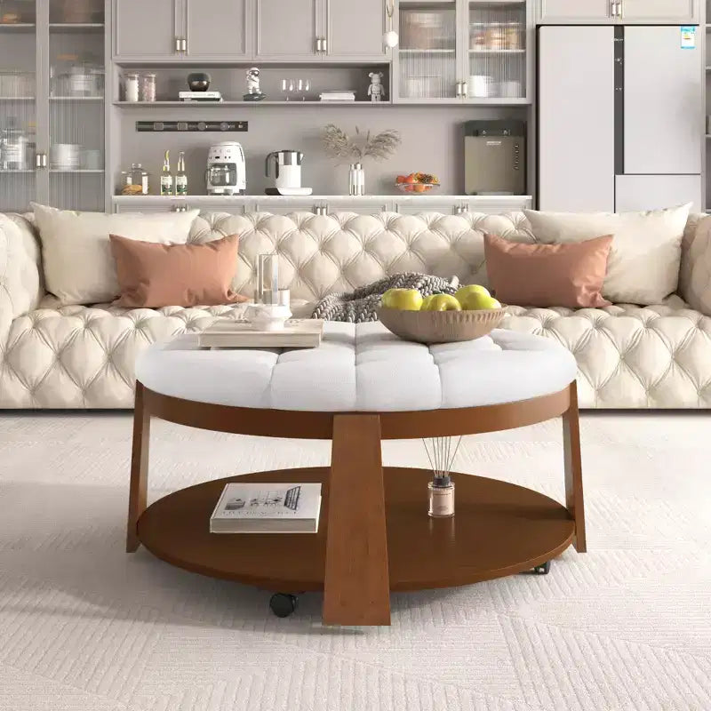 Tavolino da caffè rotondo con pouf, grande tavolino da caffè imbottito a 2 livelli con bottoni e rotelle, pouf poggiapiedi in tessuto impermeabile per soggiorno