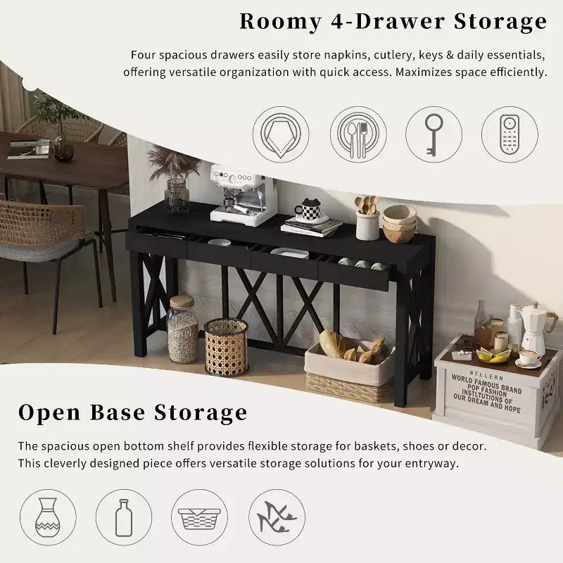Consolle in Legno di Acacia da 60" con 4 Cassetti, Tavolo da Ingresso in Stile Rustico con Design a Gambe a X, Tavolo Sottile da Divano per Soggiorno, Cucina, Corridoio