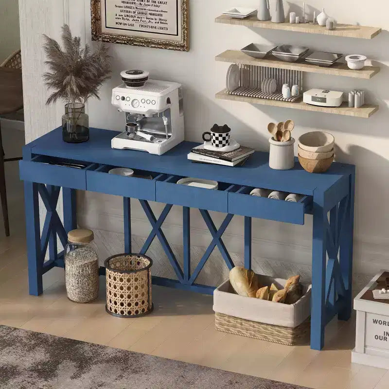 Consolle in Legno di Acacia da 60" con 4 Cassetti, Tavolo da Ingresso in Stile Rustico con Design a Gambe a X, Tavolo Sottile da Divano per Soggiorno, Cucina, Corridoio