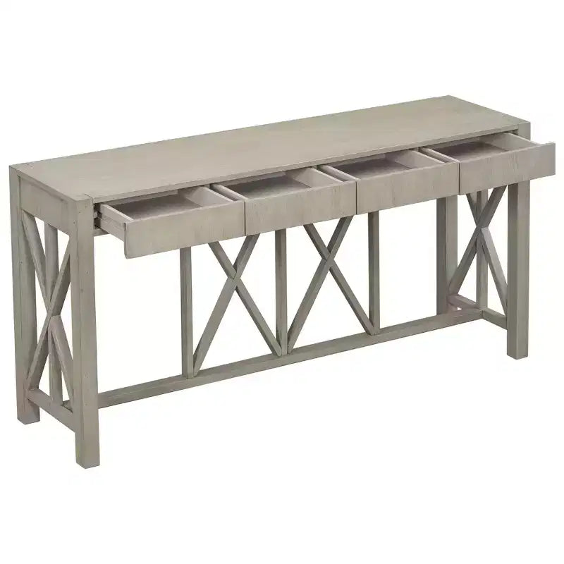 Consolle in Legno di Acacia da 60" con 4 Cassetti, Tavolo da Ingresso in Stile Rustico con Design a Gambe a X, Tavolo Sottile da Divano per Soggiorno, Cucina, Corridoio