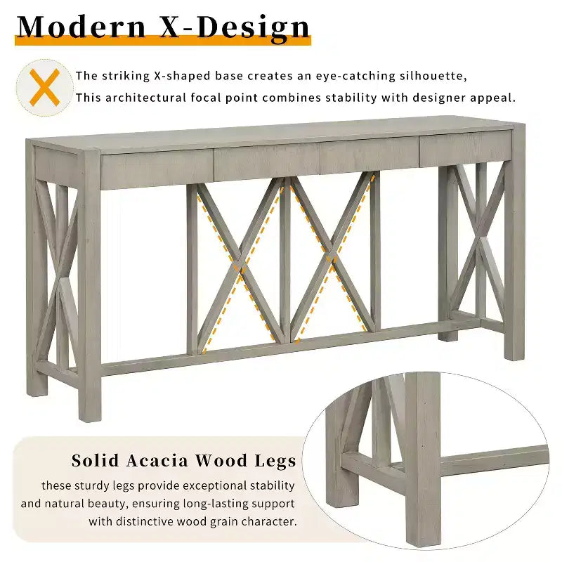 Consolle in Legno di Acacia da 60" con 4 Cassetti, Tavolo da Ingresso in Stile Rustico con Design a Gambe a X, Tavolo Sottile da Divano per Soggiorno, Cucina, Corridoio