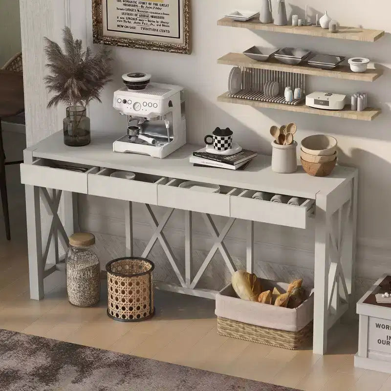 Consolle in Legno di Acacia da 60" con 4 Cassetti, Tavolo da Ingresso in Stile Rustico con Design a Gambe a X, Tavolo Sottile da Divano per Soggiorno, Cucina, Corridoio