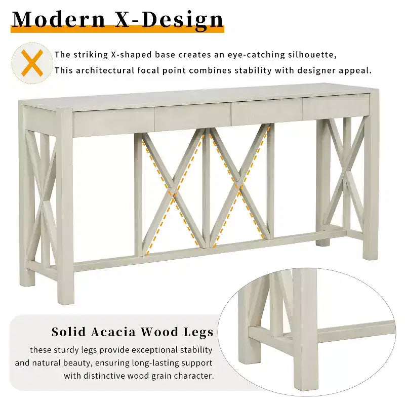 Consolle in Legno di Acacia da 60" con 4 Cassetti, Tavolo da Ingresso in Stile Rustico con Design a Gambe a X, Tavolo Sottile da Divano per Soggiorno, Cucina, Corridoio