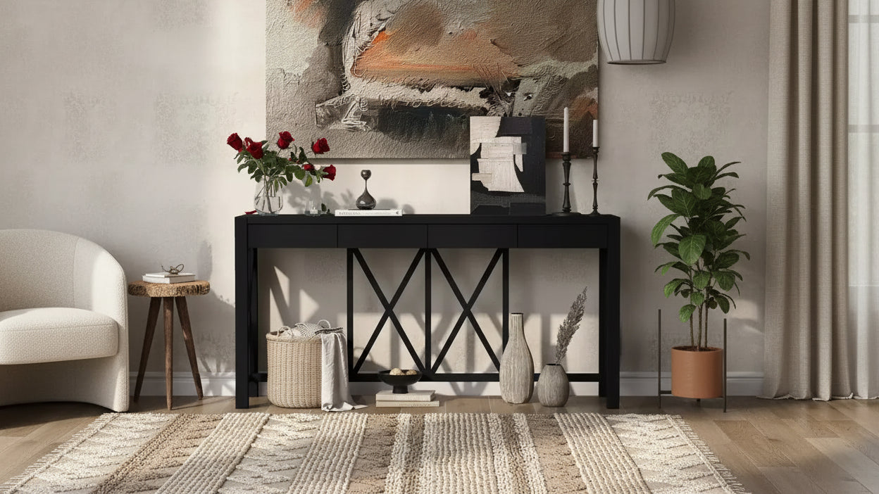 Consolle in Legno di Acacia da 60" con 4 Cassetti, Tavolo da Ingresso in Stile Rustico con Design a Gambe a X, Tavolo Sottile da Divano per Soggiorno, Cucina, Corridoio