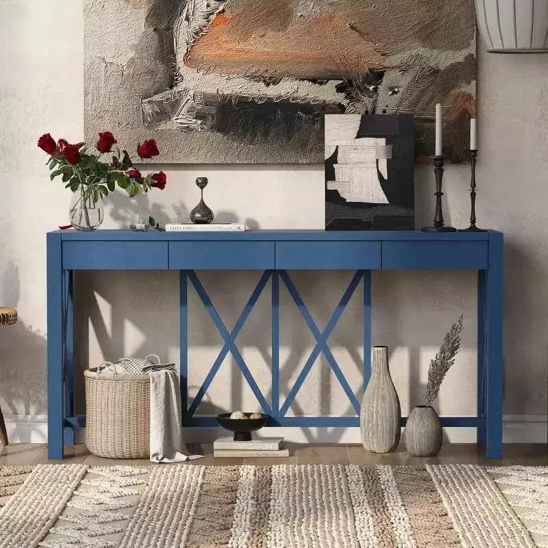 Consolle in Legno di Acacia da 60" con 4 Cassetti, Tavolo da Ingresso in Stile Rustico con Design a Gambe a X, Tavolo Sottile da Divano per Soggiorno, Cucina, Corridoio