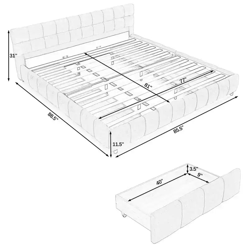 Letto imbottito king size con testiera, struttura solida con cassetti, per camera da letto, beige