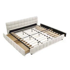 Letto imbottito king size con testiera, struttura solida con cassetti, per camera da letto, beige
