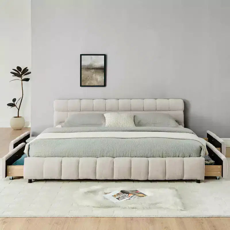 Letto imbottito king size con testiera, struttura solida con cassetti, per camera da letto, beige