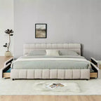 Letto imbottito king size con testiera, struttura solida con cassetti, per camera da letto, beige