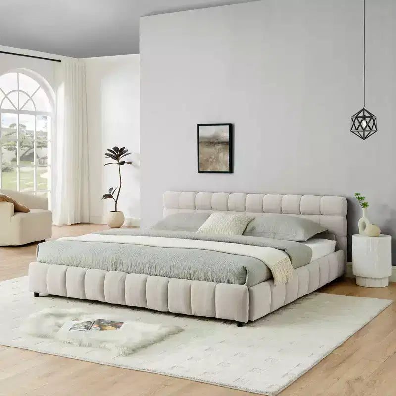 Letto imbottito king size con testiera, struttura solida con cassetti, per camera da letto, beige