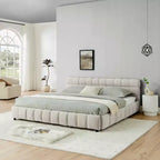 Letto imbottito king size con testiera, struttura solida con cassetti, per camera da letto, beige