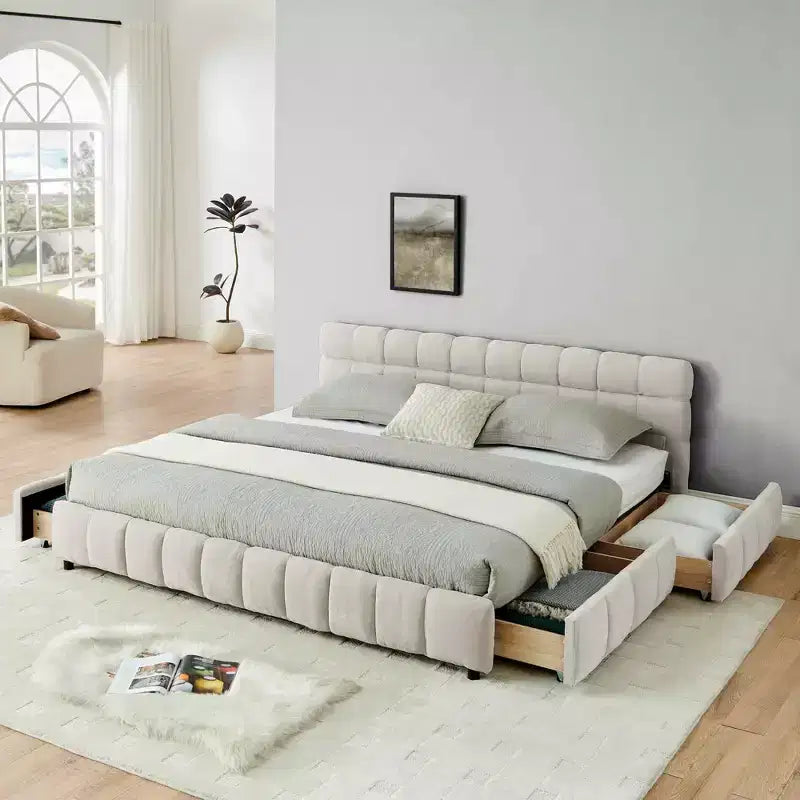 Letto imbottito king size con testiera, struttura solida con cassetti, per camera da letto, beige