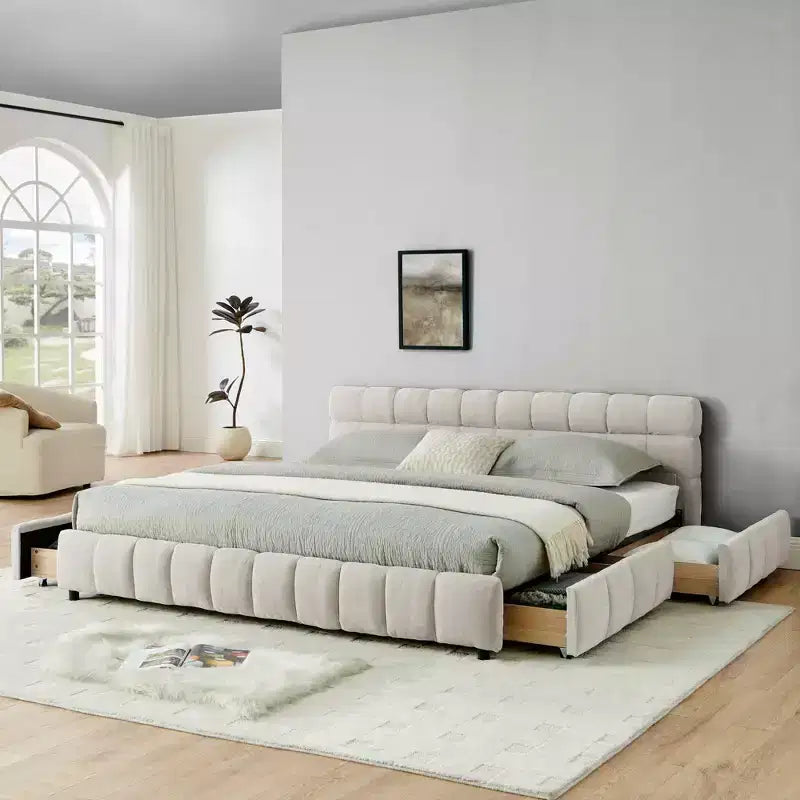 Letto imbottito king size con testiera, struttura solida con cassetti, per camera da letto, beige