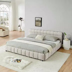Letto imbottito king size con testiera, struttura solida con cassetti, per camera da letto, beige