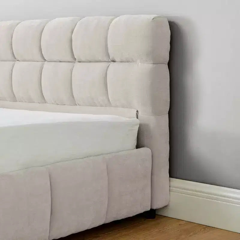 Letto imbottito king size con testiera, struttura solida con cassetti, per camera da letto, beige