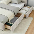 Letto imbottito king size con testiera, struttura solida con cassetti, per camera da letto, beige