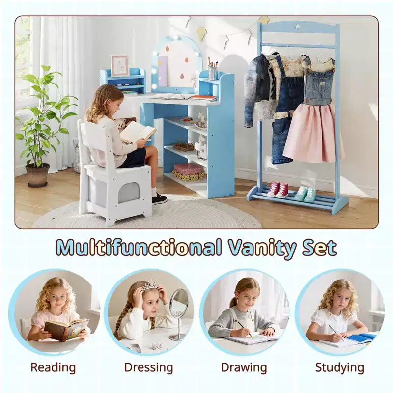Toeletta ad Angolo per Bambini con Luci, 3 Ripiani Contenitori, 5 Scomparti Aperti, Accessori Rosa/Blu + Bianco