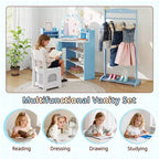 Toeletta ad Angolo per Bambini con Luci, 3 Ripiani Contenitori, 5 Scomparti Aperti, Accessori Rosa/Blu + Bianco