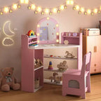 Toeletta ad Angolo per Bambini con Luci, 3 Ripiani Contenitori, 5 Scomparti Aperti, Accessori Rosa/Blu + Bianco
