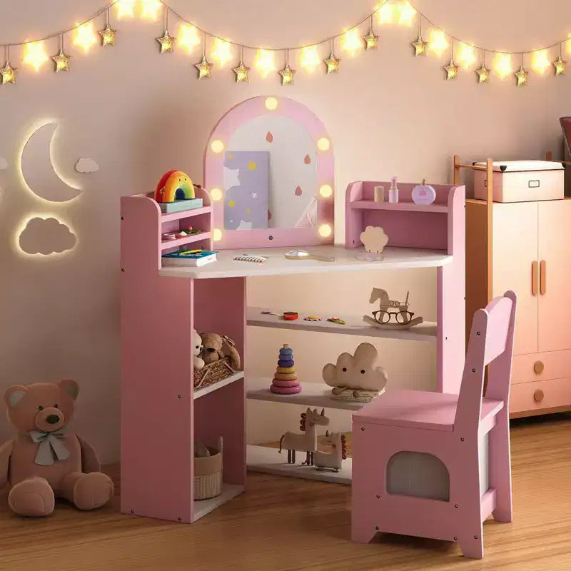 Toeletta ad Angolo per Bambini con Luci, 3 Ripiani Contenitori, 5 Scomparti Aperti, Accessori Rosa/Blu + Bianco