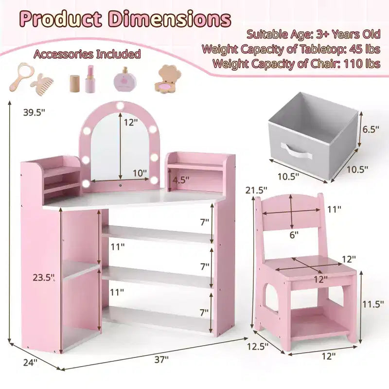 Toeletta ad Angolo per Bambini con Luci, 3 Ripiani Contenitori, 5 Scomparti Aperti, Accessori Rosa/Blu + Bianco