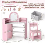 Toeletta ad Angolo per Bambini con Luci, 3 Ripiani Contenitori, 5 Scomparti Aperti, Accessori Rosa/Blu + Bianco