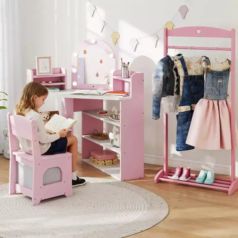 Toeletta ad Angolo per Bambini con Luci, 3 Ripiani Contenitori, 5 Scomparti Aperti, Accessori Rosa/Blu + Bianco