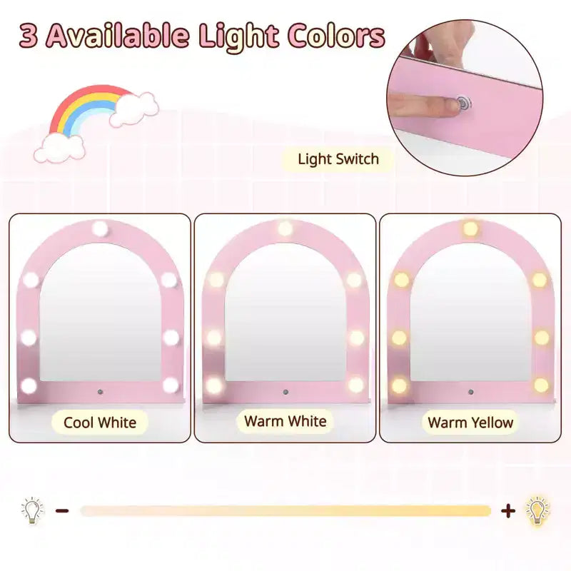 Toeletta ad Angolo per Bambini con Luci, 3 Ripiani Contenitori, 5 Scomparti Aperti, Accessori Rosa/Blu + Bianco