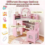 Toeletta ad Angolo per Bambini con Luci, 3 Ripiani Contenitori, 5 Scomparti Aperti, Accessori Rosa/Blu + Bianco