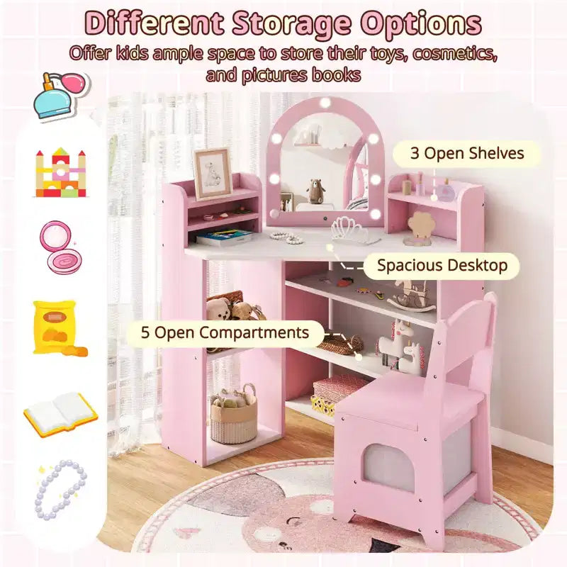 Toeletta ad Angolo per Bambini con Luci, 3 Ripiani Contenitori, 5 Scomparti Aperti, Accessori Rosa/Blu + Bianco