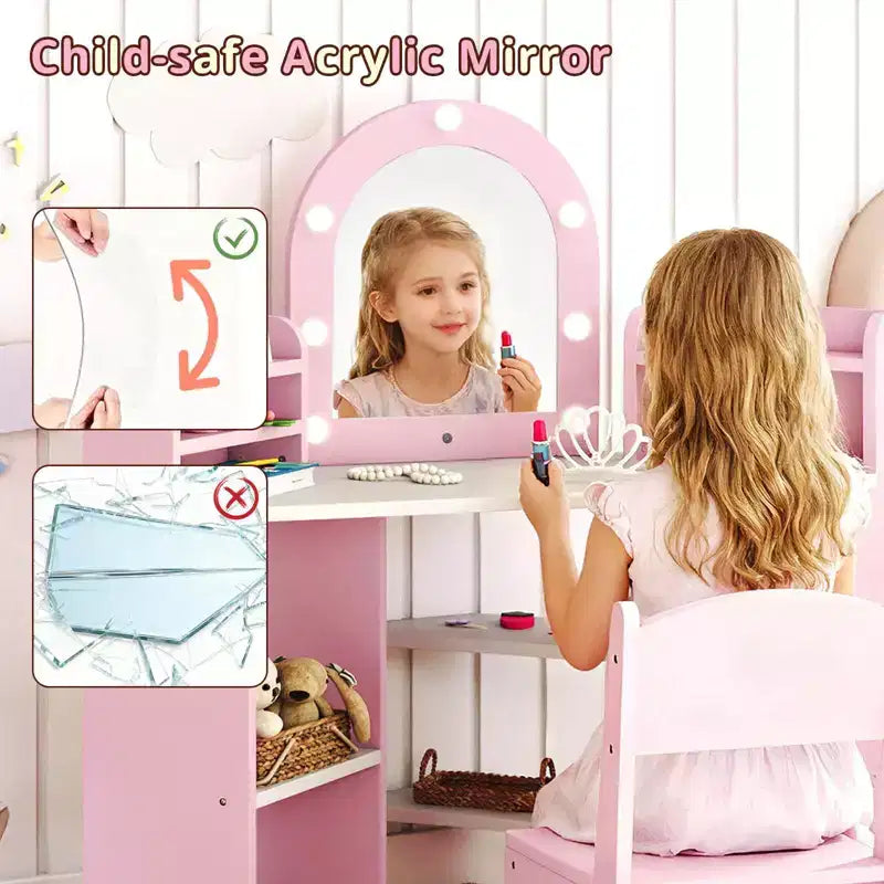 Toeletta ad Angolo per Bambini con Luci, 3 Ripiani Contenitori, 5 Scomparti Aperti, Accessori Rosa/Blu + Bianco
