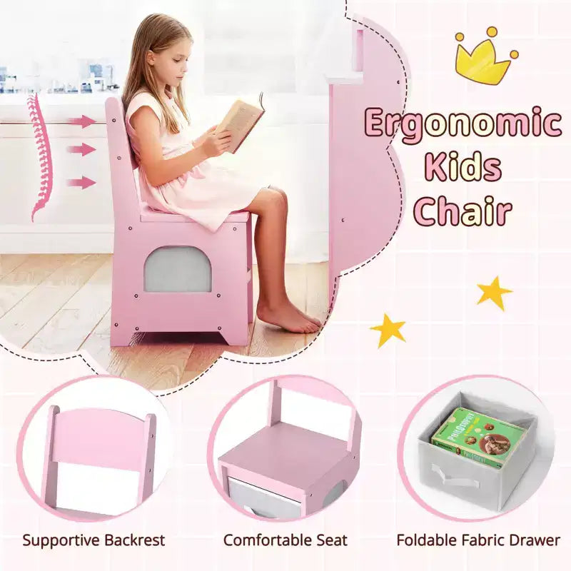 Toeletta ad Angolo per Bambini con Luci, 3 Ripiani Contenitori, 5 Scomparti Aperti, Accessori Rosa/Blu + Bianco
