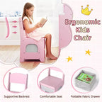 Toeletta ad Angolo per Bambini con Luci, 3 Ripiani Contenitori, 5 Scomparti Aperti, Accessori Rosa/Blu + Bianco