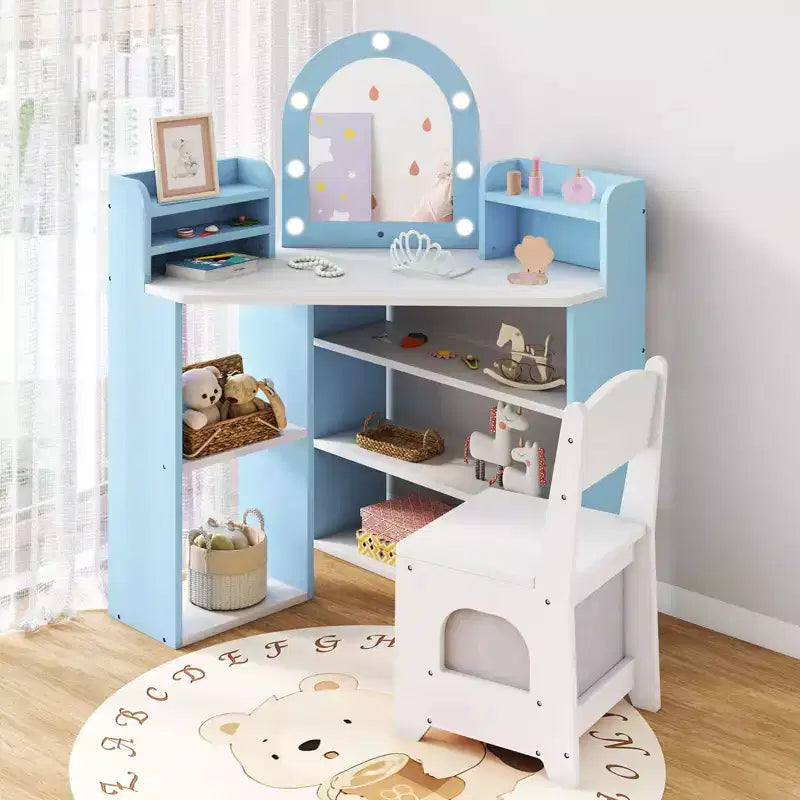 Toeletta ad Angolo per Bambini con Luci, 3 Ripiani Contenitori, 5 Scomparti Aperti, Accessori Rosa/Blu + Bianco