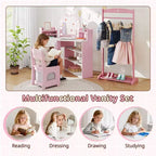 Toeletta ad Angolo per Bambini con Luci, 3 Ripiani Contenitori, 5 Scomparti Aperti, Accessori Rosa/Blu + Bianco